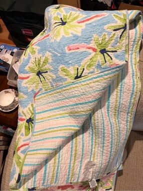 Reversible Floral & Stripe Quilt - Light Blue, Green, Pink